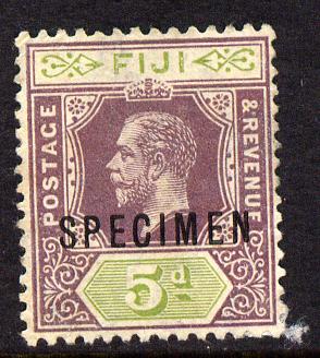 Fiji 1912-23 KG5 MCA 5d dull purple & olive-green overprinted SPECIMEN without gum and only about 400 produced SG 132s, stamps on , stamps on  stamps on , stamps on  stamps on  kg5 , stamps on  stamps on specimen