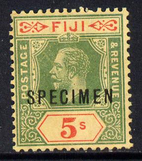 Fiji 1912-23 KG5 MCA 5s green & red on yellow overprinted SPECIMEN without gum and only about 400 produced SG 136s, stamps on , stamps on  stamps on , stamps on  stamps on  kg5 , stamps on  stamps on specimen