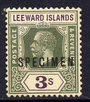 Leeward Islands 1921-32 KG5 Script CA 3s bright green & violet overprinted SPECIMEN fine with gum and only about 400 produced SG 76s, stamps on , stamps on  stamps on , stamps on  stamps on  ke7 , stamps on  stamps on specimen