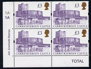 Great Britain 1997 Castle High Value A33 (Enschede printing) SW corner block of 4 with plate nos 1A-1A unmounted mint, SG 1995, stamps on , stamps on  stamps on castles