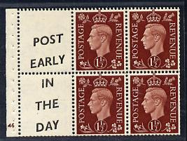 Great Britain 1937 KG6 1.5d red-brown booklet pane od 4 plus 2 labels (Post Early/ In the day),with cylinder number (G)46 lightly mounted with reasonable perfs SG QB23(14), stamps on , stamps on  stamps on , stamps on  stamps on  kg6 , stamps on  stamps on 