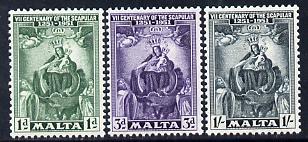 Malta 1951 Seventh Centenary of the Scapular set of 3 unmounted mint SG 258-60, stamps on , stamps on  stamps on religion