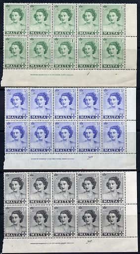 Malta 1950 Visit of Princess Elizabeth set of 3 each in SE corner block of 10 with full Bradbury Wilkinson imprint & plate number unmounted mint SG 255-7, stamps on royalty