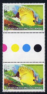 Cocos (Keeling) Islands 1979-80 Fish - 1c Forceps Fish inter-paneau gutter pair unmounted mint (folded along perfs) as SG 34, stamps on , stamps on  stamps on fish