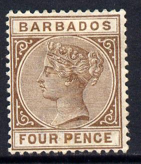 Barbados 1882-86 QV Crown CA 4d brown mounted mint SG 99, stamps on , stamps on  stamps on , stamps on  stamps on  qv , stamps on  stamps on 