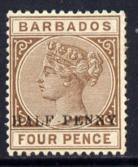 Barbados 1892 QV surcharged 1/2d on 4d brown mounted mint SG 104