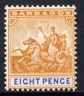 Barbados 1892-1903 Britannia Crown CA 8d orange & ultramarine mounted mint SG 112, stamps on britannia