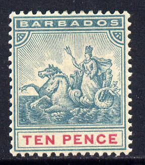 Barbados 1892-1903 Britannia Crown CA 10d dull blue-green & carmine mounted mint SG 113, stamps on britannia