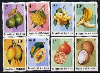 Maldive Islands 1975 Fruits perf set of 8 unmounted mint SG 559-66, stamps on , stamps on  stamps on food  trees   fruit     guavas    mulberry    apples    bananas    mangoes     papaya    pomegranates     coconuts