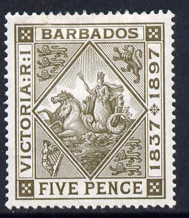 Barbados 1897-98 Diamond Jubilee 5d olive-brown mounted mint SG 120, stamps on britannia