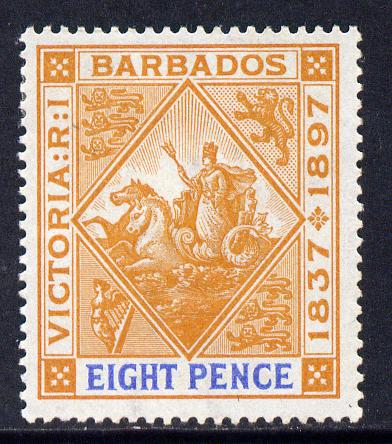 Barbados 1897-98 Diamond Jubilee 8d orange & ultramarine mounted mint SG 122, stamps on britannia