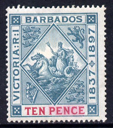 Barbados 1897-98 Diamond Jubilee 10d blue-green & carmine heavily mounted mint SG 123, stamps on britannia