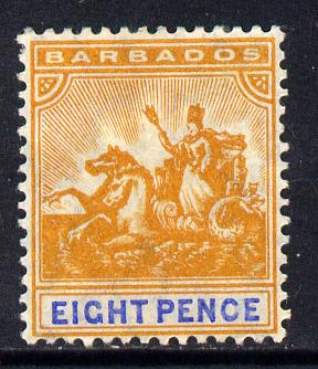 Barbados 1905 Britannia MCA 8d orange & ultramarine mounted mint SG 142, stamps on britannia