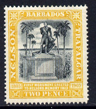 Barbados 1906 Nelson Centenary Crown CC 2d black & yellow mounted mint SG 148, stamps on nelson, stamps on monuments, stamps on 