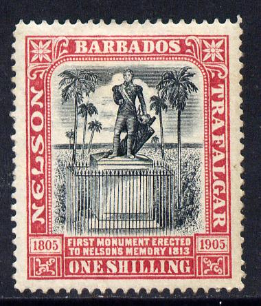 Barbados 1906 Nelson Centenary Crown CC 1s black & rose mounted mint SG 151, stamps on , stamps on  stamps on nelson, stamps on  stamps on monuments, stamps on  stamps on 