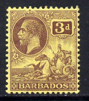 Barbados 1912-16 KG5 MCA 3d purple on yellow mounted mint SG 175, stamps on britannia, stamps on  kg5 , stamps on 