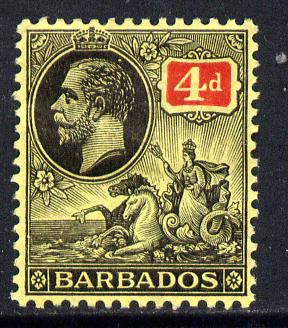 Barbados 1912-16 KG5 MCA 4d black & red on yellow mounted mint SG 176, stamps on britannia, stamps on  kg5 , stamps on 