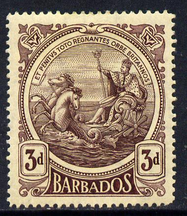 Barbados 1916-19 Large Britannia MCA 3d purple on yellow (thin paper) mounted mint SG 186, stamps on britannia, stamps on  kg5 , stamps on 