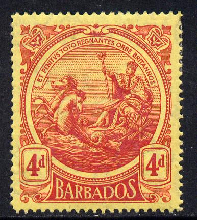 Barbados 1916-19 Large Britannia MCA 4d red on yellow mounted mint SG 187, stamps on , stamps on  stamps on britannia, stamps on  stamps on  kg5 , stamps on  stamps on 