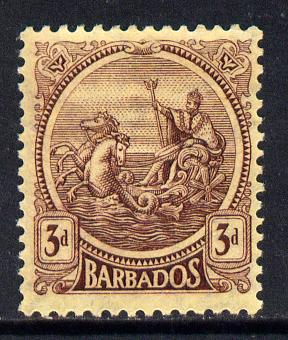 Barbados 1921-24 Britannia MCA 3d purple on pale yellow mounted mint SG 213, stamps on britannia