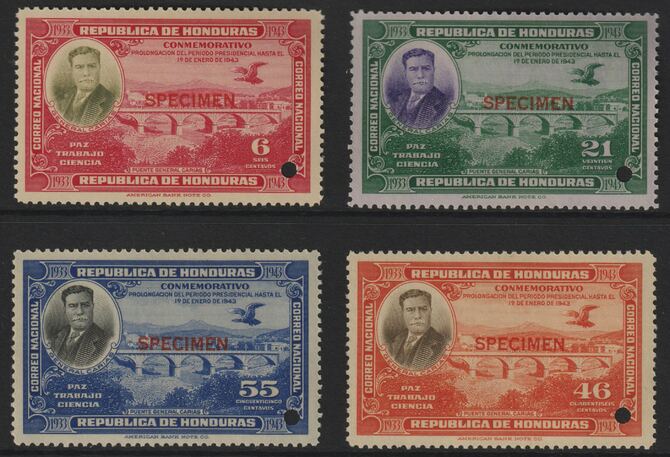 Honduras 1937 Re-election of President (Carias Bridge) set of 4 unmounted mint optd SPECIMEN each with security punch hole (ex ABN Co archives) SG 376-79, stamps on , stamps on  stamps on bridges      civil engineering