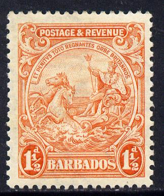 Barbados 1925-35 Britannia Script CA 1.5d orange P13.5x12.5 mounted mint SG 231ca, stamps on britannia