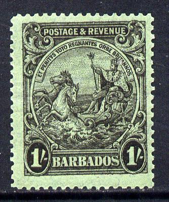 Barbados 1925-35 Britannia Script CA 1s black on emerald P14 mounted mint SG 237, stamps on britannia