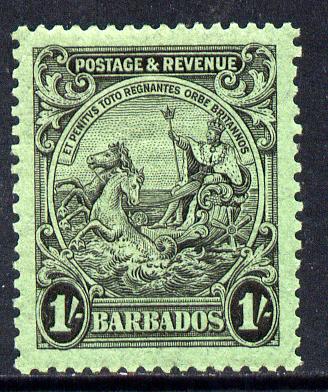 Barbados 1925-35 Britannia Script CA 1s black on emerald P13.5x12.5 mounted mint SG 237a, stamps on britannia