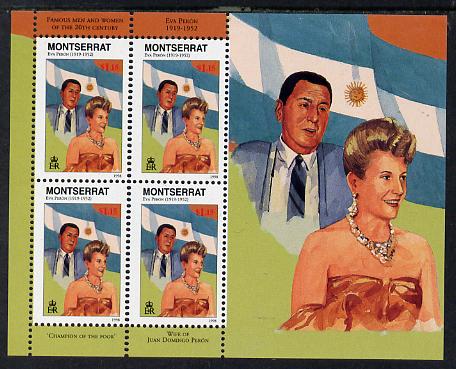Montserrat 1998 Famous People of the 20th Century - Eva & Juan Peron (Argentine) perf sheetlet containing 4 vals unmounted mint as SG 1065a, stamps on personalities, stamps on constitutions, stamps on flags