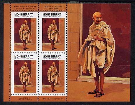 Montserrat 1998 Famous People of the 20th Century - Mahatma Gandhi (India) perf sheetlet containing 4 vals unmounted mint as SG 1071asee 83894, stamps on , stamps on  stamps on personalities, stamps on  stamps on constitutions, stamps on  stamps on gandhi