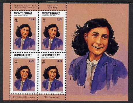 Montserrat 1998 Famous People of the 20th Century - Anne Frank (Holocaust) perf sheetlet containing 4 vals unmounted mint as SG 1078a, stamps on , stamps on  stamps on personalities, stamps on  stamps on  ww2 , stamps on  stamps on judaica, stamps on  stamps on judaism, stamps on  stamps on women