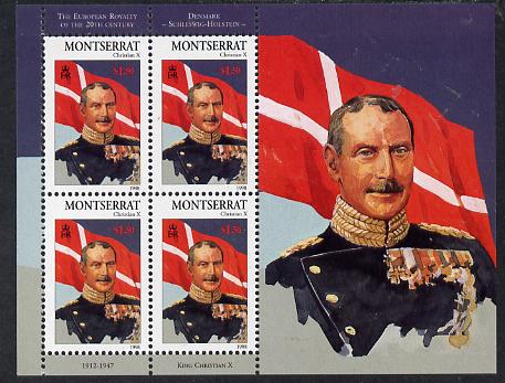 Montserrat 1998 Famous People of the 20th Century - King Christian X of Denmark perf sheetlet containing 4 vals unmounted mint as SG 1081a, stamps on personalities, stamps on royalty, stamps on flags, stamps on medals