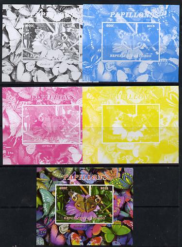 Congo 2013 Butterflies #2 deluxe sheet - the set of 5 imperf progressive colour proofs comprising the 4 basic colours plus all 4-colour composite unmounted mint