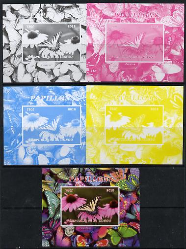 Congo 2013 Butterflies #3 deluxe sheet - the set of 5 imperf progressive colour proofs comprising the 4 basic colours plus all 4-colour composite unmounted mint, stamps on butterflies