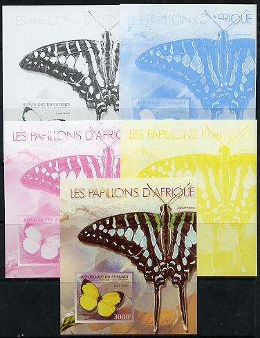 Burundi 2013 Butterflies #1 deluxe sheet - the set of 5 imperf progressive colour proofs comprising the 4 basic colours plus all 4-colour composite unmounted mint, stamps on butterflies