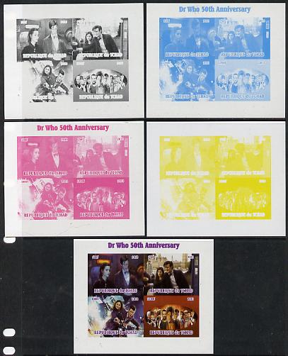 Chad 2013 Dr Who 50th Anniversary sheetlet containing 4 vals - the set of 5 imperf progressive colour proofs comprising the 4 basic colours plus all 4-colour composite un..., stamps on sci-fi, stamps on films, stamps on  tv , stamps on films, stamps on cinema, stamps on movies