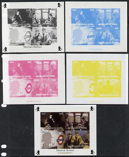 Congo 2013 Sherlock Holmes #1 sheetlet containing 4 vals - the set of 5 imperf progressive colour proofs comprising the 4 basic colours plus all 4-colour composite unmounted mint, stamps on , stamps on  stamps on crime, stamps on  stamps on films, stamps on  stamps on  tv , stamps on  stamps on films, stamps on  stamps on cinema, stamps on  stamps on movies, stamps on  stamps on railways, stamps on  stamps on london, stamps on  stamps on literature, stamps on  stamps on smoking, stamps on  stamps on tobacco