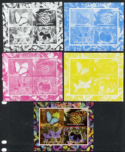 Congo 2013 Butterflies #1 sheetlet containing 4 vals - the set of 5 imperf progressive colour proofs comprising the 4 basic colours plus all 4-colour composite unmounted mint, stamps on butterflies