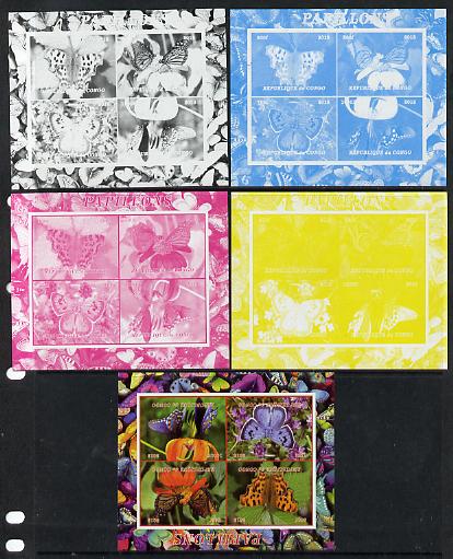 Congo 2013 Butterflies #4 sheetlet containing 4 vals - the set of 5 imperf progressive colour proofs comprising the 4 basic colours plus all 4-colour composite unmounted ..., stamps on butterflies