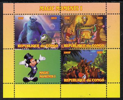 Congo 2013 Disney - Magic Moments #1 perf sheetlet containing 3 values plus label unmounted mint. Note this item is privately produced and is offered purely on its themat..., stamps on disney, stamps on films, stamps on movies, stamps on cinema, stamps on 