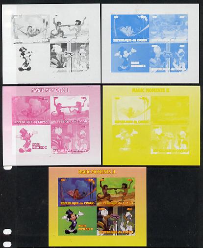 Congo 2013 Disney - Magic Moments #2 sheetlet containing 3 values plus  the set of 5 imperf progressive colour proofs comprising the 4 basic colours plus all 4-colour composite unmounted mint, stamps on , stamps on  stamps on disney, stamps on  stamps on films, stamps on  stamps on movies, stamps on  stamps on cinema, stamps on  stamps on 