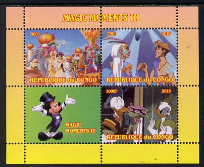 Congo 2013 Disney - Magic Moments #3 perf sheetlet containing 3 values plus label unmounted mint. Note this item is privately produced and is offered purely on its themat..., stamps on disney, stamps on films, stamps on movies, stamps on cinema, stamps on 