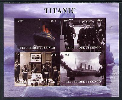 Congo 2012 Titanic imperf sheetlet containing 4 vals unmounted mint. Note this item is privately produced and is offered purely on its thematic appeal , stamps on titanic, stamps on films, stamps on movies, stamps on cinema, stamps on disasters