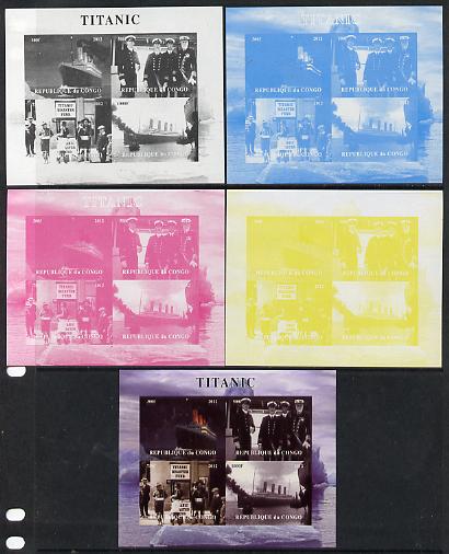 Congo 2012 Titanic sheetlet containing 4 vals - the set of 5 imperf progressive colour proofs comprising the 4 basic colours plus all 4-colour composite unmounted mint, stamps on , stamps on  stamps on titanic, stamps on  stamps on films, stamps on  stamps on movies, stamps on  stamps on cinema, stamps on  stamps on disasters