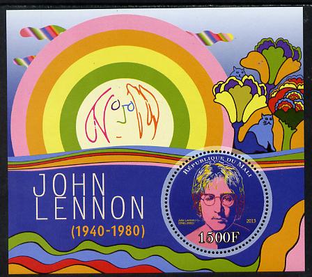 Mali 2013 John Lennon perf deluxe sheet containing one circular value unmounted mint, stamps on , stamps on  stamps on personalities, stamps on  stamps on shaped, stamps on  stamps on circular, stamps on  stamps on beatles, stamps on  stamps on rock, stamps on  stamps on pops, stamps on  stamps on music, stamps on  stamps on lennon