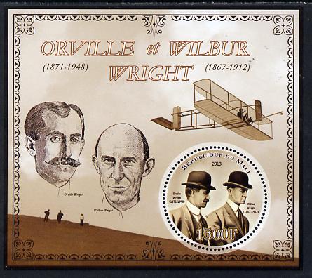 Mali 2013 Orville & Wilbur Wright perf deluxe sheet containing one circular value unmounted mint, stamps on personalities, stamps on shaped, stamps on circular, stamps on aviation, stamps on wright