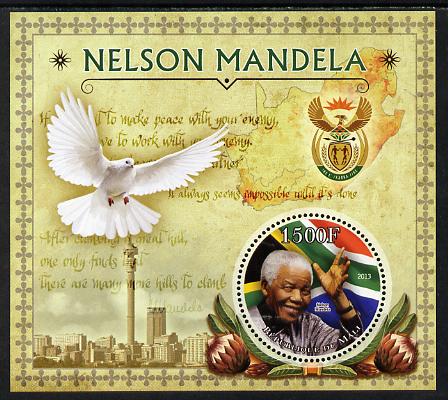 Mali 2013 Nelson Mandela #1 perf deluxe sheet containing one circular value unmounted mint, stamps on personalities, stamps on shaped, stamps on circular, stamps on mandela, stamps on peace, stamps on human rights, stamps on doves, stamps on nobel