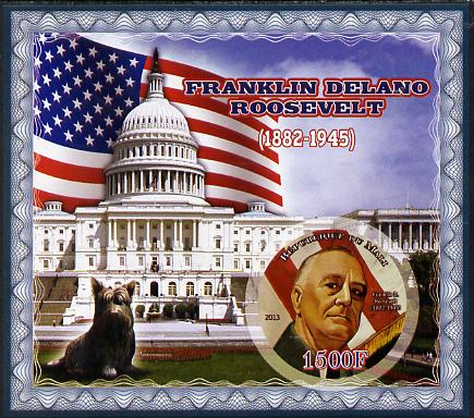 Mali 2013 Franklin D Roosevelt imperf deluxe sheet containing one circular value unmounted mint, stamps on personalities, stamps on shaped, stamps on circular, stamps on roosevelt, stamps on usa presidents, stamps on americana, stamps on dogs, stamps on flags
