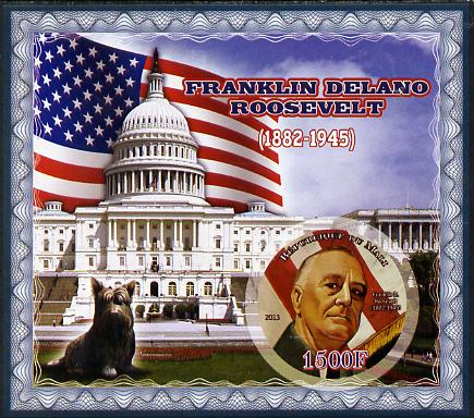 Mali 2013 Franklin D Roosevelt imperf deluxe sheet containing one circular value unmounted mint, stamps on personalities, stamps on shaped, stamps on circular, stamps on roosevelt, stamps on usa presidents, stamps on americana, stamps on dogs, stamps on flags