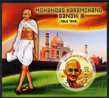 Mali 2013 Mahatma Gandhi imperf deluxe sheet containing one circular value unmounted mint, stamps on personalities, stamps on shaped, stamps on circular, stamps on gandhi
